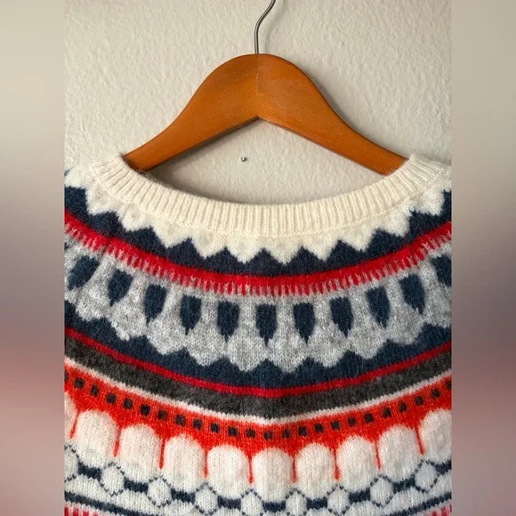 GAP Mohair Wool Blend Fair Isle Nordic Crew Neck Sweater Cream Women XS - Picture 3 of 8